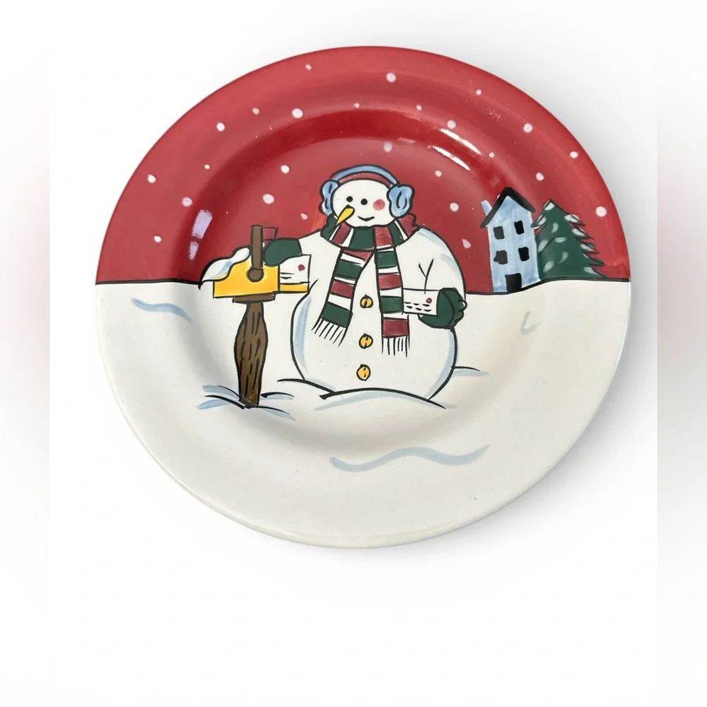 Snow Creek Hand Painted Snowman Plate - Red‎ and White